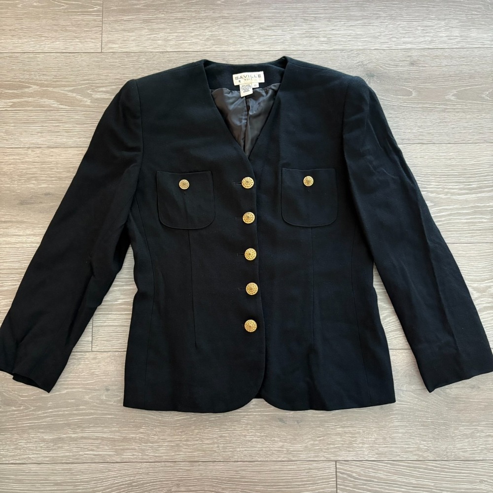 Vintage Saville Womens Black‎ Gold-Toned Buttons Pure Wool Blazer Jacket Size 10
